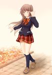  ;) autumn_leaves blush brown_eyes brown_hair chuunibyou_demo_koi_ga_shitai! hair_ornament hairclip highres kneehighs loafers long_hair looking_at_viewer miyabi_(miyabi) nibutani_shinka one_eye_closed one_side_up plaid plaid_skirt school_uniform shoes skirt smile solo walking 