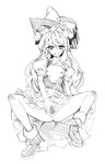  bow flat_chest greyscale hair_bow hat highres kirisame_marisa long_hair monochrome nipples no_bra no_panties open_clothes pussy redcomet solo spread_legs spread_pussy touhou uncensored witch_hat 