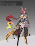  1girl animal_ears bare_shoulders black_boots black_gloves black_panties boots breasts cleavage english_text extra_ears full_body gauntlets gloves grey_background hair_over_one_eye high_heel_boots high_heels highres holding holding_polearm holding_weapon large_breasts long_hair long_pointy_ears original panties pointy_ears polearm red_hair see-through_cleavage see-through_clothes simple_background smjim1986 solo thigh_boots underwear very_long_hair weapon weapon_behind_back zettai_ryouiki 