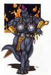  armor belt biceps big_breasts breasts claws female fire gauntlets huge_breasts invalid_tag looking_at_viewer mohawk monster muscles muscular_female pose reptile scalie smile solo spikes sword unconvincing_armor warrior weapon wolfgangcake 