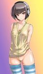  arms_behind_back black_hair bob_cut brown_hair cable collarbone groin headphones looking_at_viewer naked_sweater no_panties original pussy rasukaru short_hair solo striped striped_legwear sweater sweater_vest thighhighs 