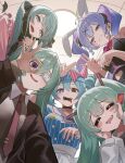  5girls absurdres animal_ears aqua_eyes aqua_hair blue_hair blush_stickers bow commentary copyright_request diamond-shaped_pupils diamond_(shape) eyepatch fake_animal_ears from_below grin hair_between_eyes hatsune_miku highres indoors looking_at_viewer mask mesmerizer_(vocaloid) mimukauwa_nice_try_(vocaloid) miyabino_(miyabi1616) monitoring_(vocaloid) mouth_mask multiple_girls multiple_persona necktie penetration_gesture pinstripe_pattern playboy_bunny purple_eyes rabbit_hole_(vocaloid) red_nails sharp_teeth smile striped_bow symbol-shaped_pupils teeth twintails uno_(game) vocaloid 