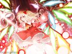  blonde_hair bow danmaku dress energy_ball energy_sword flandre_scarlet frilled_dress frills glowing glowing_weapon glowing_wings hair_bow laevatein long_hair mary_janes no_hat no_headwear red_dress red_eyes shoes solo sword touhou venomousblaze watermark weapon web_address wings 