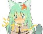  :&lt; animal_ears blush coat food fox_ears fox_tail green_eyes green_hair leaf leaf_on_head long_hair maple_leaf original pappii paprika_shikiso simple_background sketch solo sweet_potato tail translation_request white_background 