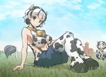  animal_ears animal_print arm_support bare_shoulders bell bell_collar black_hair blue_sky bra breasts collar cow_ears cow_girl cow_print cow_tail day eating field fur grass grazing_(livestock) green_eyes holstaurus hooves horns indian_style large_breasts monster_girl monster_girl_encyclopedia multicolored_hair multiple_girls navel orz_(orz57) short_hair shorts sitting sky smile suspenders tail two-tone_hair underwear white_hair 