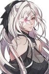  1girl absurdres artist_name breasts cleavage closed_mouth commentary drag-on_dragoon drag-on_dragoon_3 english_commentary eyelashes flower flower_over_eye highres hora_k large_breasts looking_at_viewer nier_(series) nier_reincarnation official_alternate_costume pink_lips red_eyes simple_background smile solo upper_body white_background zero_(drag-on_dragoon) 