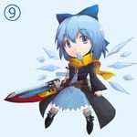  1girl advent_cirno belt blue_eyes blue_hair bow chibi cirno dress food hair_bow ice ice_wings mouth_hold multiple_belts orange_scarf popsicle scarf solo sword touhou venomousblaze watermark weapon web_address wings 