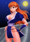  bare_legs breasts brown_eyes brown_hair choker cleavage covered_nipples dead_or_alive full_moon hands_on_hips kasumi_(doa) large_breasts long_hair mizutani_rin moon night night_sky ninja no_bra sash sky slender_waist solo vambraces 