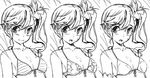  archellaura bad_id bad_pixiv_id bikini blush breasts cleavage collarbone expressions flower futami_mami greyscale hair_flower hair_ornament idolmaster idolmaster_(classic) looking_at_viewer medium_breasts monochrome open_mouth side_ponytail sketch swimsuit upper_body 
