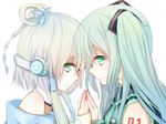  benghuai_7 face-to-face forehead-to-forehead hatsune_miku headphones highres long_hair luo_tianyi multiple_girls short_hair_with_long_locks simple_background vocaloid vocanese white_background 