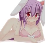  animal_ears bad_id bad_pixiv_id blush bottomless bra breasts bunny_ears bunny_tail chimunge cleavage collarbone large_breasts long_hair looking_at_viewer lying pink_bra purple_hair red_eyes reisen_udongein_inaba solo tail touhou underwear underwear_only 