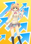  absurdres blonde_hair blue_eyes bow directional_arrow hair_ribbon highres ichiman_nisen_yen kamikita_komari little_busters! panties pink_bow plaid plaid_skirt ribbon school_uniform short_hair skirt solo striped striped_panties underwear 