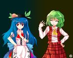  alphes_(style) ascot blue_hair bow dress_shirt food fruit hand_on_hip hat hinanawi_tenshi kaoru_(gensou_yuugen-an) kazami_yuuka long_hair multiple_girls parody peach plaid plaid_skirt plaid_vest red_eyes shirt short_hair skirt smile style_parody touhou vest 