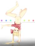  bandaid bandaids_on_nipples bare_legs barefoot blush flandre_scarlet hair_ribbon handstand koga_rejini long_hair navel outstretched_arm panties pasties red_eyes ribbon shirt side_ponytail smile solo touhou underwear upside-down white_panties 