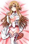  asuna_(sao) bra braid breastplate breasts brown_eyes brown_hair medium_breasts otoki_raku panties pink_bra pink_panties sword_art_online thighhighs torn_bra torn_clothes underwear white_legwear 