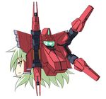  alternate_color green_hair gundam gundam_00 hair_bobbles hair_ornament hair_tubes hakurei_reimu mecha_musume mochizuki_ado parody reborns_cannon smirk solo touhou yellow_eyes yukkuri_shiteitte_ne 