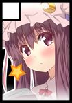  black_border blush border circle_cut hat long_hair patchouli_knowledge purple_eyes purple_hair solo touhou usume_shirou 