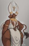 9:14 accessory arm_ring back_boob big_breasts big_butt big_horn bovid bovine breasts brown_body butt cattle clothed clothing ear_piercing female fur furgonomics hand_on_hip hi_res horn horn_jewelry horn_ring huge_breasts huge_butt hyper jewelry jezzlen looking_at_viewer looking_back mammal markings mature_female open_back_dress overweight piercing rear_view ring ring_(jewelry) simple_background slightly_chubby solo tail tail_accessory tail_jewelry tail_ring thick_thighs wide_hips zhavia_(jezzlen)