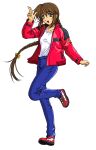  1girl absurdres anime_coloring blue_pants bow braid braided_ponytail breasts brown_hair buttons collarbone collared_jacket cross-laced_shoes denim fingernails full_body full_on_games fuuraiki fuuraiki_(series) gold_buttons hair_bow high_collar highres jacket jeans kishiue_daisaku leg_up long_hair looking_at_viewer low-braided_long_hair low-tied_long_hair low_ponytail medium_breasts non-web_source official_art open_clothes open_jacket open_mouth pants ponytail red_shoes red_sleeves salute saturated shirt sidelocks simple_background solo straight_hair t-shirt takizawa_tamae two-finger_salute upper_body very_long_hair walking white_background white_shirt zipper 