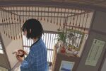  1girl absurdres amamoto_air animal_print arrow_(projectile) bead_curtain black_hair bowl calendar_(object) commentary highres holding holding_bowl original shoes short_hair solo tape tiger_print unworn_shoes vase 