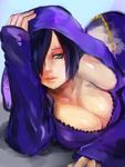  belly_chain black_hair blue_eyes breasts cleavage downblouse hair_over_one_eye hood hoodie jewelry large_breasts lips looking_at_viewer lying madame_shirley mermaid monster_girl nokonokoro nose off_shoulder on_side one_piece reclining shark_girl short_hair solo 