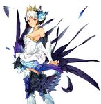  armor armored_dress bare_shoulders boots breasts choker crown detached_sleeves dress feathers gwendolyn hair_ornament looking_at_viewer medium_breasts mochi_hanpen odin_sphere purple_eyes short_hair solo strapless strapless_dress thighhighs valkyrie white_hair wings 