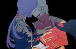  2boys black_background black_jacket blonde_hair char&#039;s_counterattack char_aznable epaulettes finger_on_trigger garma_zabi gloves gun gun_to_chest gundam gundam_gihren_no_yabou handgun high_collar holding holding_gun holding_weapon jacket kiss long_hair long_sleeves male_focus military_uniform multiple_boys otenki93 ponytail purple_hair red_jacket short_hair simple_background trigger_discipline upper_body weapon white_gloves 