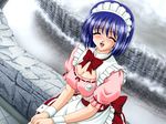  1girl blue_hair blush eyes_closed hair_ribbon matsubara_sano open_mouth ribbon short_hair sitting tottemo_pheromone 