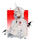  1boy artist_name black_shirt chinese_commentary choker closed_mouth colored_inner_hair commentary_request cropped_torso drawn_tail drawn_wings food food_in_mouth frown green_eyes gundam gundam_unicorn hands_in_pockets highres hood hoodie horns male_focus multicolored_hair personification pocky pocky_in_mouth red_hair rzcxcg shirt short_hair single_horn solo two-tone_hair unicorn_gundam upper_body white_hair white_hoodie white_horns 