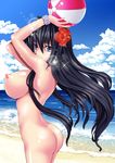  absurdres ass bad_id bad_pixiv_id ball beach beachball black_hair blue_eyes breasts cloud day flower hair_flower hair_ornament highres horizon_ariadust huge_breasts kyoukaisenjou_no_horizon large_breasts long_hair mizutsuki_rei nipples nude ocean outdoors sky solo sparkle wristband 