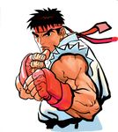  black_hair capcom dougi eyebrows fighting_stance fingerless_gloves gloves headband highres male_focus muscle nishimura_kinu official_art ryuu_(street_fighter) solo street_fighter street_fighter_iii_(series) thick_eyebrows torn_clothes torn_sleeves transparent_background upper_body 