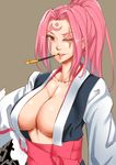 amputee baiken breasts chain facial_tattoo guilty_gear huge_breasts japanese_clothes kimono kiseru large_breasts lips long_hair looking_at_viewer mokko_(kamiko!) mouth_hold obi one-eyed open_clothes open_kimono pink_hair pipe ponytail sash scar scar_across_eye solo tattoo torn_sleeve yellow_eyes 