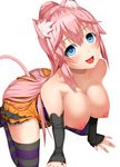  :d all_fours animal_ears ayase_tamaki black_gloves blue_eyes breasts cat_ears cat_tail elbow_gloves gloves hanging_breasts highres kneeling large_breasts long_hair looking_at_viewer nipples open_mouth orange_skirt original pink_hair ponytail puffy_nipples simple_background skirt smile solo striped striped_legwear tail thighhighs white_background zettai_ryouiki 