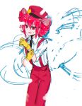  collared_shirt drill_hair gloves hair_between_eyes hat highres kasane_teto kepi looking_at_viewer mesmerizer_(vocaloid) military_hat open_mouth pants ramune55ni red_eyes red_hair red_hat red_pants shirt short_sleeves striped_clothes striped_shirt suspenders sweatdrop twin_drills utau white_background wing_collar yellow_gloves 