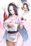  1girl absurdres apron black_hair blue_eyes boa_hancock breasts chibi chibi_inset earrings gloves heart highres holding holding_whisk huge_breasts image_in_thought_bubble jewelry long_hair meat_print mittens monkey_d._luffy nakajima_(user111860274) naked_apron one_piece oven_mitts single_glove single_mitten snake_earrings speech_bubble thought_bubble whisk white_apron white_gloves white_headscarf 