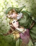  1girl belt blonde_hair blue_eyes braid breasts brown_hair couple earrings hat hetero highres jewelry link lips long_hair looking_at_viewer medium_breasts pointy_ears princess_zelda single_braid the_legend_of_zelda the_legend_of_zelda:_twilight_princess tiara wasabi_(legemd) 