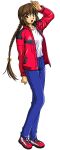  1girl absurdres anime_coloring arm_behind_back blue_pants bow braid braided_ponytail breasts brown_hair buttons collarbone collared_jacket cross-laced_shoes denim fingernails full_body full_on_games fuuraiki fuuraiki_(series) gold_buttons hair_bow high_collar highres jacket jeans kishiue_daisaku long_hair looking_at_viewer low-braided_long_hair low-tied_long_hair low_ponytail medium_breasts non-web_source official_art open_clothes open_jacket open_mouth pants ponytail red_shoes red_sleeves salute saturated shirt shirt_tucked_in sidelocks simple_background solo straight_hair t-shirt takizawa_tamae tongue upper_body very_long_hair walking white_background white_shirt zipper 