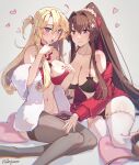  2girls alternate_costume black_bra blonde_hair blue_eyes bra breasts brown_hair chocolate chocolate_on_body chocolate_on_breasts chocolate_on_face choker closed_mouth collarbone commentary food food_on_body food_on_face frilled_choker frills grey_background grey_thighhighs heart heart-shaped_pillow highres himeyamato iowa_(kancolle) kantai_collection large_breasts long_hair looking_at_viewer multiple_girls navel one_side_up pillow ponytail red_bra red_choker red_eyes red_sweater simple_background star-shaped_pupils star_(symbol) sweater symbol-shaped_pupils thighhighs underwear valentine white_thighhighs yamato_(kancolle) 