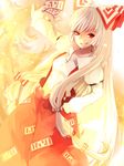  between_fingers bow fire fujiwara_no_mokou grin hair_bow hand_on_hip highres long_hair looking_at_viewer ofuda outstretched_arm red_eyes settyaro smile smirk solo suspenders touhou white_hair 
