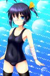  ahoge bad_id bad_pixiv_id bandages black_hair black_legwear blue_eyes chuunibyou_demo_koi_ga_shitai! collarbone eyepatch kinta_(distortion) looking_at_viewer one-piece_swimsuit one_side_up outstretched_wrists school_swimsuit solo swimsuit takanashi_rikka thighhighs 