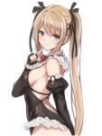  1girl black_one-piece_swimsuit black_ribbon blonde_hair blue_eyes breasts cowboy_shot dead_or_alive dead_or_alive_xtreme detached_sleeves frilled_one-piece_swimsuit frills hair_ornament hair_ribbon long_hair looking_at_viewer marie_rose nannacy7 one-piece_swimsuit ribbon small_breasts smile solo swimsuit twintails white_background x_hair_ornament 