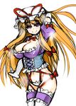  adapted_costume blonde_hair borrowed_design bow breasts cleavage elbow_gloves frills gloves hair_bow hat large_breasts long_hair mabuchoco_m navel purple_eyes ribbon sketch smile solo thighhighs touhou very_long_hair white_gloves white_legwear yakumo_yukari 