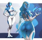  1girl alien alternate_costume ass blue_bodysuit bodysuit crossover fantastic_four highres marvel marvel_rivals mass_effect_(series) multiple_views quarian spacemaxmarine sue_storm tali&#039;zorah two-tone_bodysuit white_bodysuit 