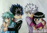  2boys 2girls alluka_zoldyck black_hair blush brown_eyes crossover green_hair hiei hug hunter_x_hunter killua_zoldyck red_eyes siblings white_hair yu_yu_hakusho yukina 