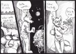 anthro beverage boxers_(clothing) bulge canid canine clothing coffee comic container cup dialogue earth fox fur heart_clothing heart_symbol heart_underwear male mammal monochrome moon mug paws planet profanity sheds solo space speech_bubble tail traditional_media_(artwork) underwear white_body white_fur