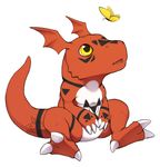  arthropod butterfly digimon ebikyun eye_contact guilmon insect plain_background red_body scalie solo valderic_blackstag white_background yellow_eyes 