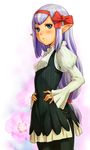  blue_eyes blush final_fantasy final_fantasy_xi hair_ribbon hands_on_hips pointy_ears ponytail prishe purple_hair red_ribbon ribbon 