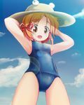  armpits arms_up bad_id bad_pixiv_id blonde_hair from_below hair_ribbon hat looking_at_viewer mesou-san moriya_suwako one-piece_swimsuit open_mouth ribbon school_swimsuit short_hair solo sunlight swimsuit touhou yellow_eyes 