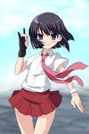  achiga_school_uniform black_hair blue_eyes blush chikuwa_(majihima) dress_shirt fingerless_gloves gloves miniskirt necktie pleated_skirt sagimori_arata saki saki_achiga-hen shirt short_hair skirt smile solo standing thigh_gap white_shirt wind wristband 