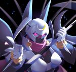  1girl armor bandana bandana_around_neck black_background breasts commission dianamon digimon digimon_(creature) glowing glowing_eyes heart helmet highres holding holding_scythe lury.sgh medium_breasts pink_bandana purple_eyes scythe simple_background solo upper_body v white_armor white_helmet 